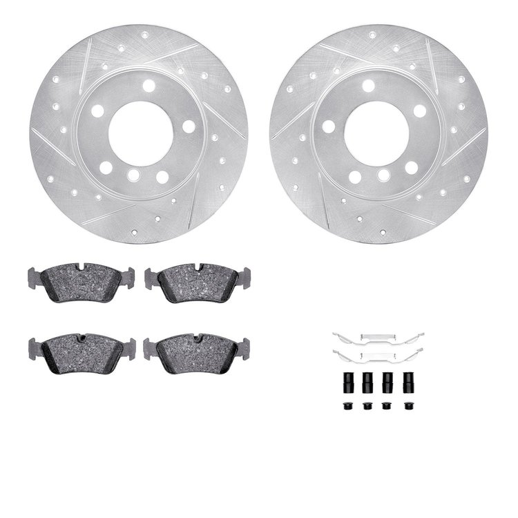 7312-31038 Drilled/Slotted Brake Rotor with 3000-Series Ceramic Brake Pads Kit & Hardware [Silver], 1995-1998 BMW, Position: Fro