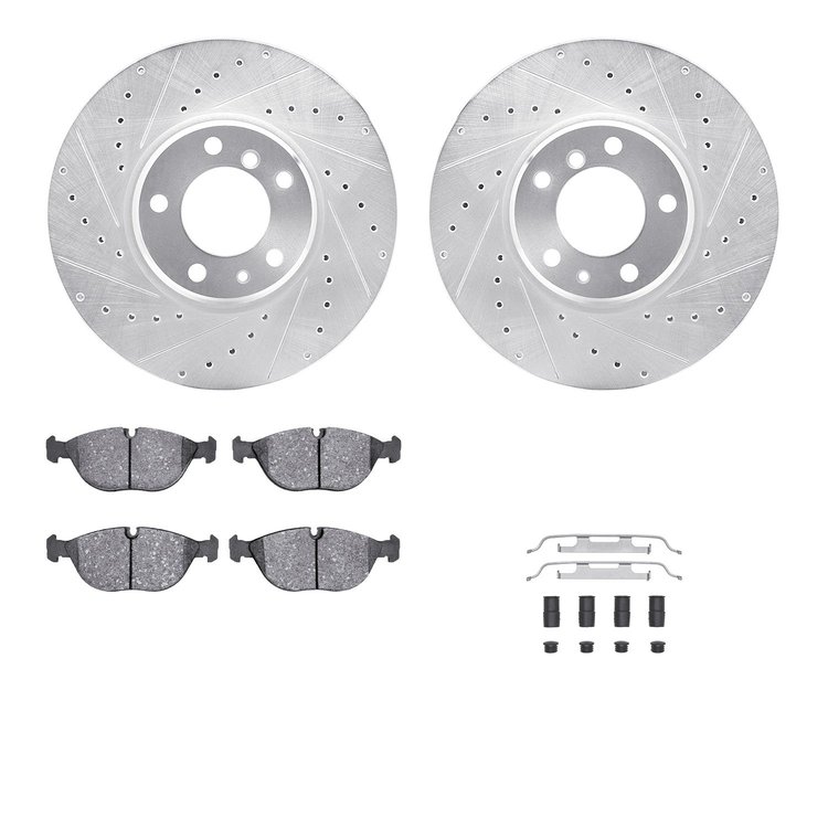 7312-31046 Drilled/Slotted Brake Rotor with 3000-Series Ceramic Brake Pads Kit & Hardware [Silver], 1995-2001 BMW, Position: Fro