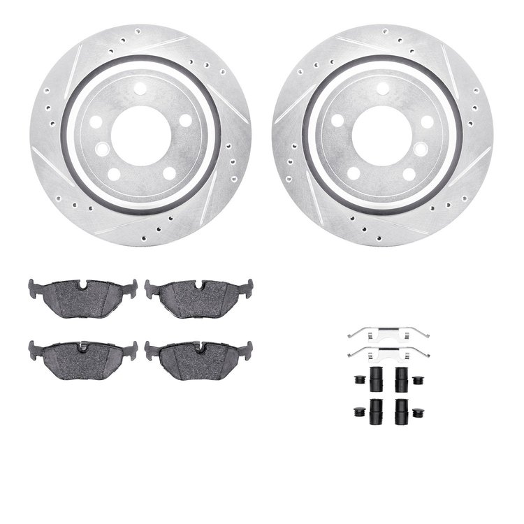 7312-31065 Drilled/Slotted Brake Rotor with 3000-Series Ceramic Brake Pads Kit & Hardware [Silver], 1996-2003 BMW, Position: Rea