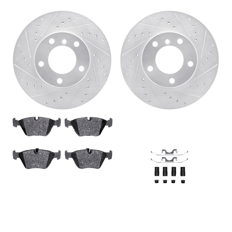 7312-31066 Drilled/Slotted Brake Rotor with 3000-Series Ceramic Brake Pads Kit & Hardware [Silver], 1996-2003 BMW, Position: Fro