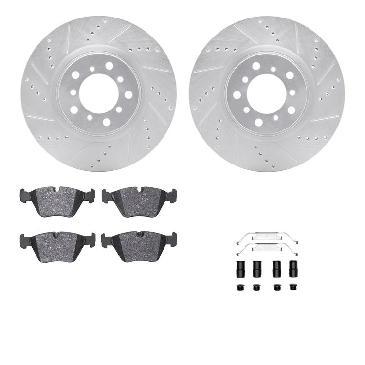 7312-31079 Drilled/Slotted Brake Rotor with 3000-Series Ceramic Brake Pads Kit & Hardware [Silver], 2006-2006 BMW, Position: Fro