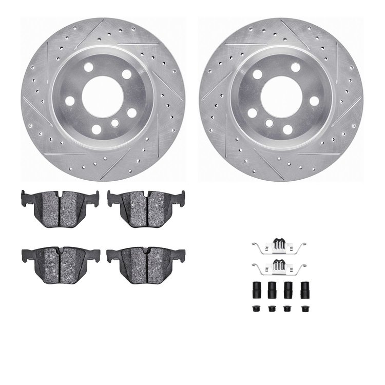 7312-31081 Drilled/Slotted Brake Rotor with 3000-Series Ceramic Brake Pads Kit & Hardware [Silver], 2007-2019 BMW, Position: Rea