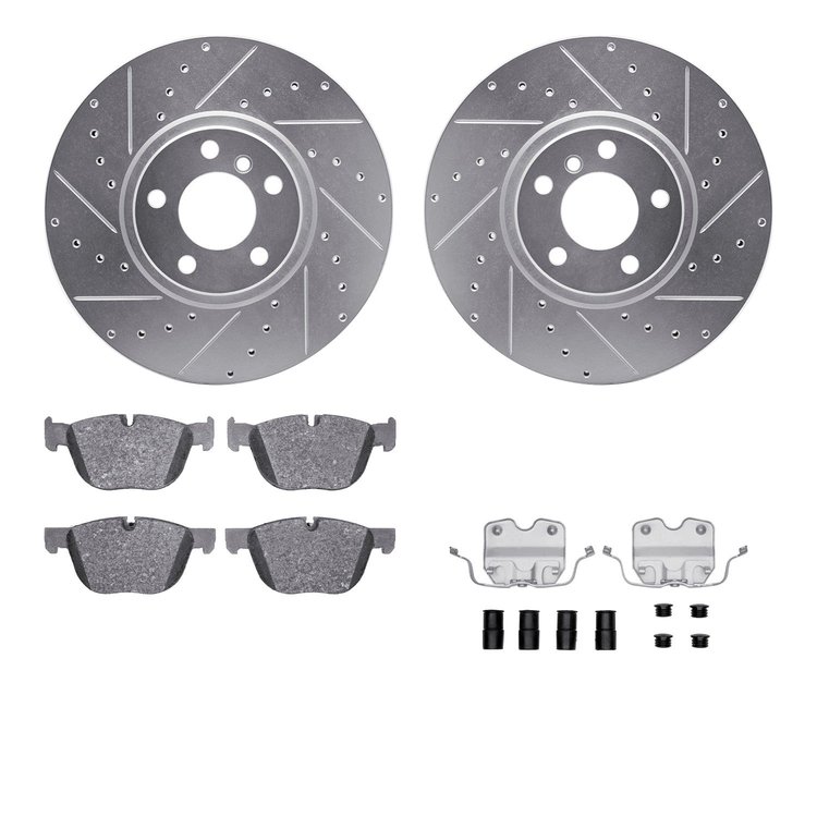 7312-31092 Drilled/Slotted Brake Rotor with 3000-Series Ceramic Brake Pads Kit & Hardware [Silver], 2007-2018 BMW, Position: Fro