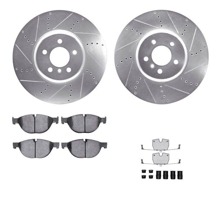 7312-31098 Drilled/Slotted Brake Rotor with 3000-Series Ceramic Brake Pads Kit & Hardware [Silver], 2009-2017 BMW, Position: Fro