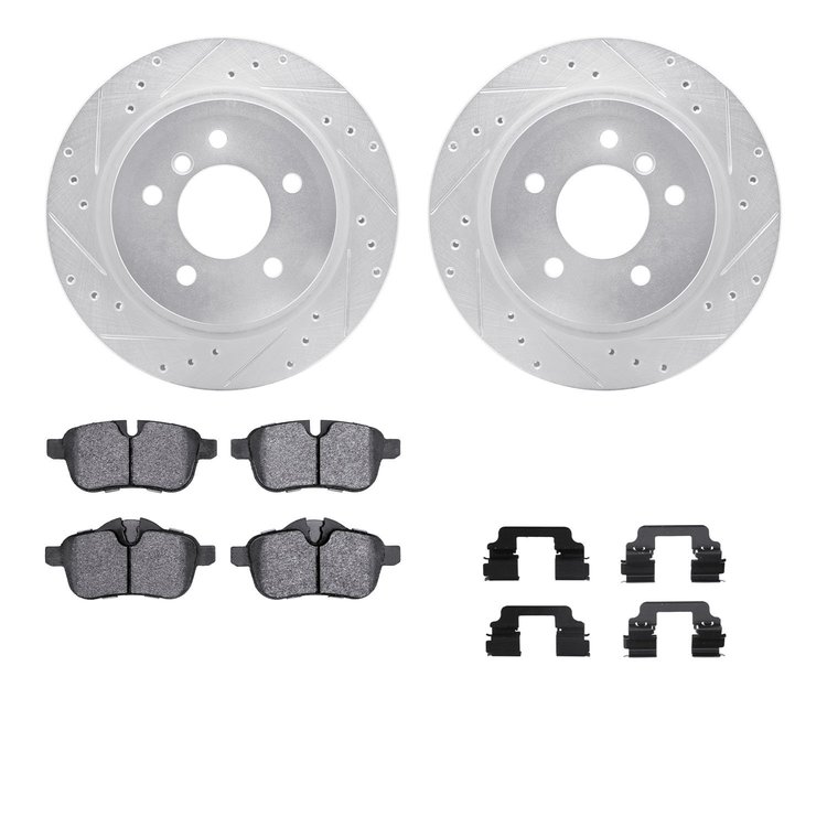 7312-31101 Drilled/Slotted Brake Rotor with 3000-Series Ceramic Brake Pads Kit & Hardware [Silver], 2009-2016 BMW, Position: Rea