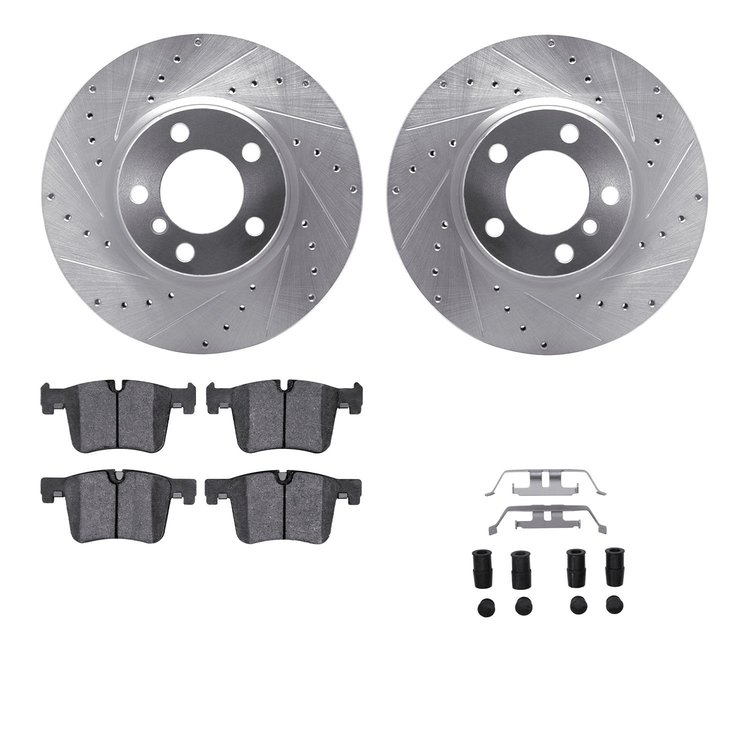 7312-31110 Drilled/Slotted Brake Rotor with 3000-Series Ceramic Brake Pads Kit & Hardware [Silver], 2012-2018 BMW, Position: Fro