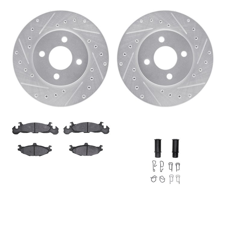 7312-39011 Drilled/Slotted Brake Rotor with 3000-Series Ceramic Brake Pads Kit & Hardware [Silver], 1984-1988 Mopar, Position: F