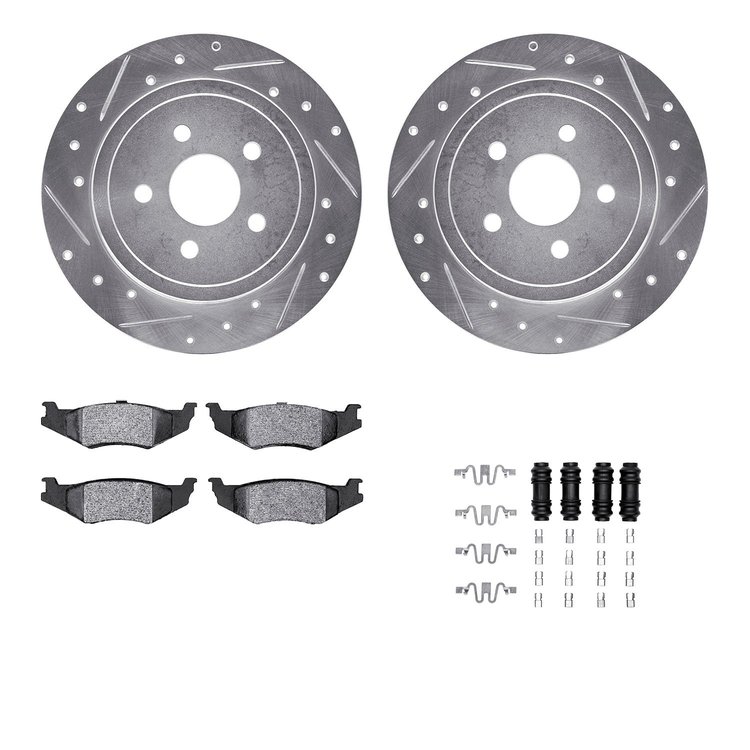 7312-39016 Drilled/Slotted Brake Rotor with 3000-Series Ceramic Brake Pads Kit & Hardware [Silver], 1989-1995 Mopar, Position: R