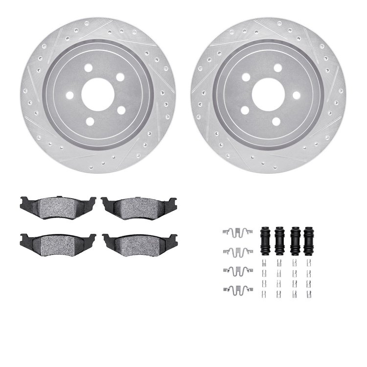 7312-39017 Drilled/Slotted Brake Rotor with 3000-Series Ceramic Brake Pads Kit & Hardware [Silver], 1989-1995 Mopar, Position: R