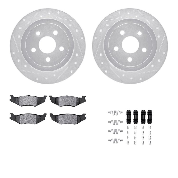 7312-39019 Drilled/Slotted Brake Rotor with 3000-Series Ceramic Brake Pads Kit & Hardware [Silver], 1995-2007 Mopar, Position: R