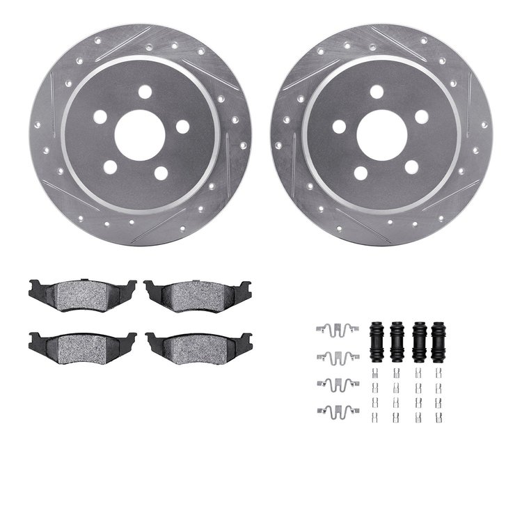 7312-39020 Drilled/Slotted Brake Rotor with 3000-Series Ceramic Brake Pads Kit & Hardware [Silver], 2003-2010 Mopar, Position: R