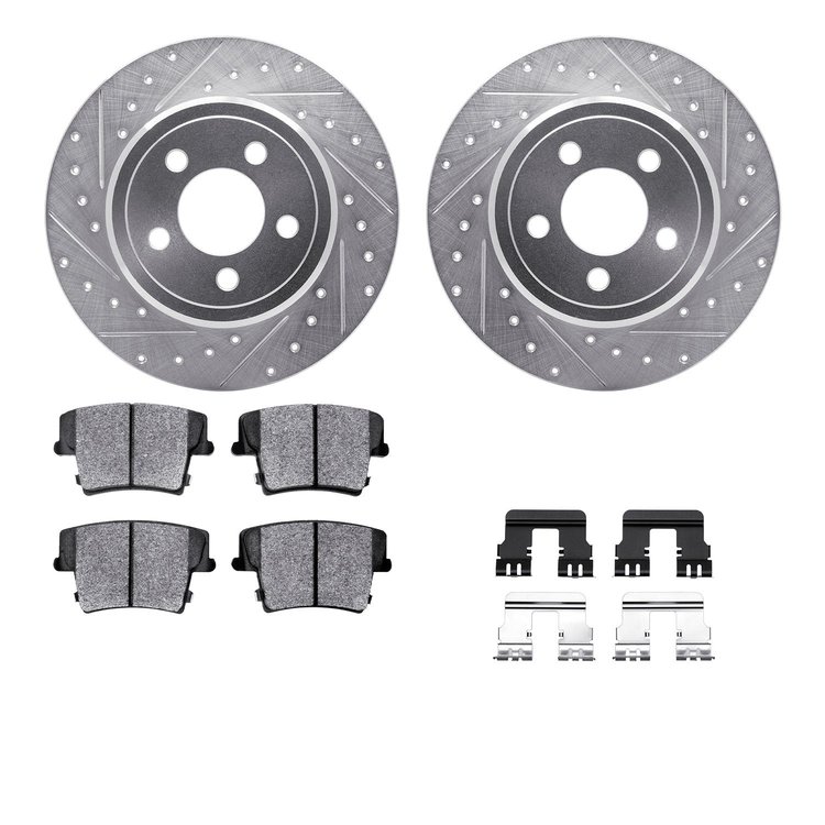 7312-39034 Drilled/Slotted Brake Rotor with 3000-Series Ceramic Brake Pads Kit & Hardware [Silver], Fits Select Mopar, Position: