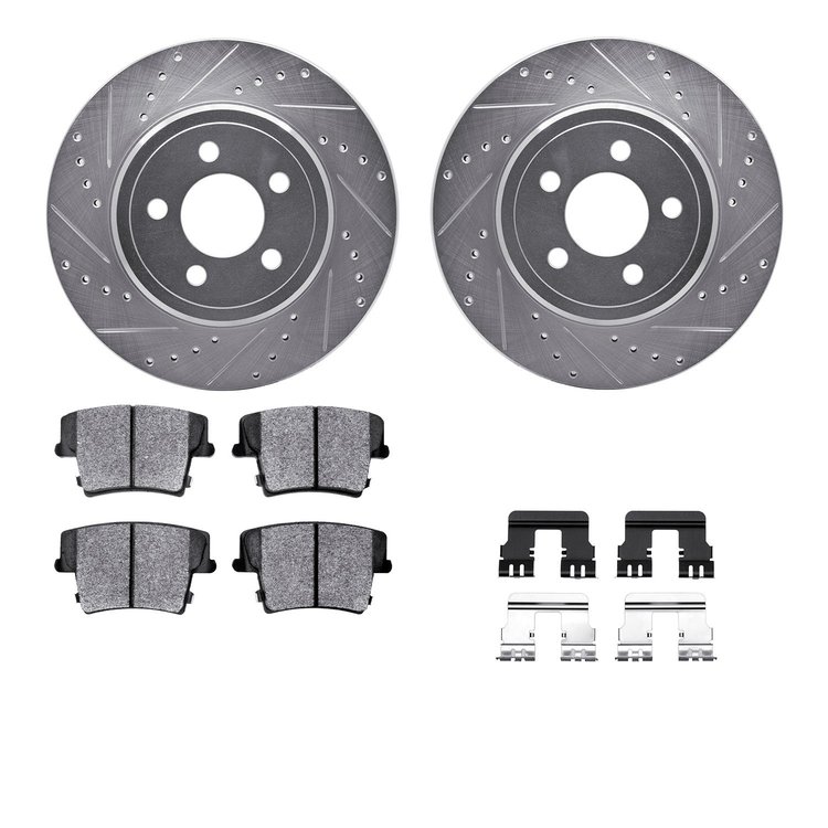7312-39035 Drilled/Slotted Brake Rotor with 3000-Series Ceramic Brake Pads Kit & Hardware [Silver], 2006-2008 Mopar, Position: R