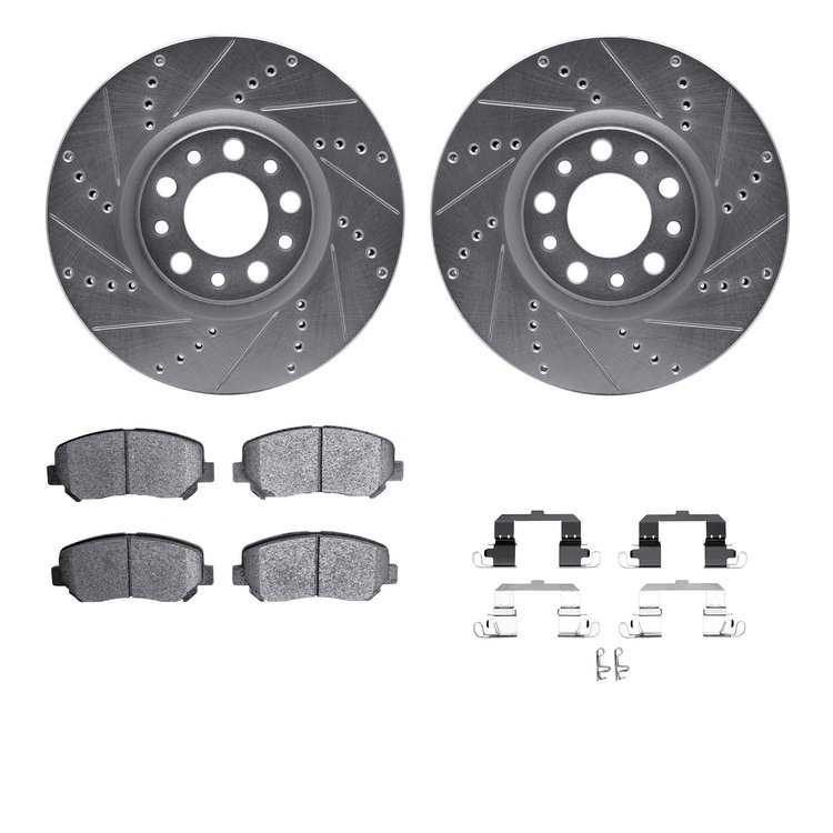 7312-39041 Drilled/Slotted Brake Rotor with 3000-Series Ceramic Brake Pads Kit & Hardware [Silver], 2016-2017 Mopar, Position: F