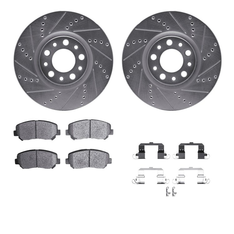 7312-39042 Drilled/Slotted Brake Rotor with 3000-Series Ceramic Brake Pads Kit & Hardware [Silver], 2013-2016 Mopar, Position: F