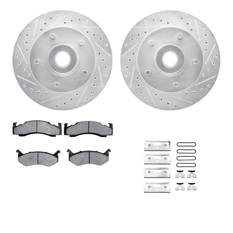 7312-40016 Drilled/Slotted Brake Rotor with 3000-Series Ceramic Brake Pads Kit & Hardware [Silver], 1985-1997 Mopar, Position: F
