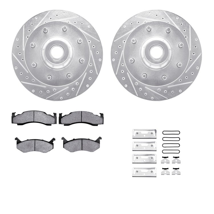 7312-40019 Drilled/Slotted Brake Rotor with 3000-Series Ceramic Brake Pads Kit & Hardware [Silver], 1994-1997 Mopar, Position: F