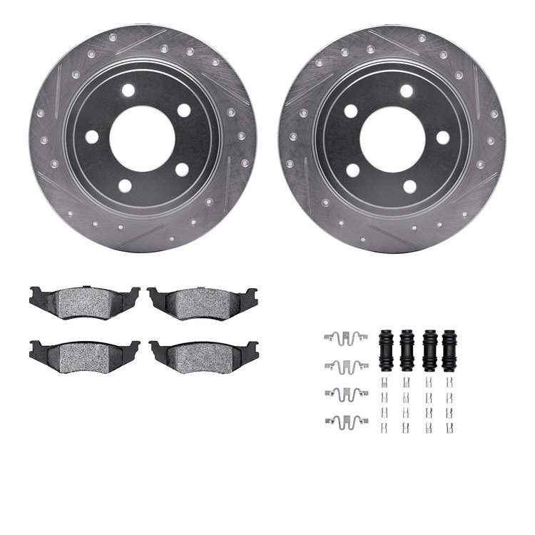 7312-40050 Drilled/Slotted Brake Rotor with 3000-Series Ceramic Brake Pads Kit & Hardware [Silver], 1993-2004 Mopar, Position: R