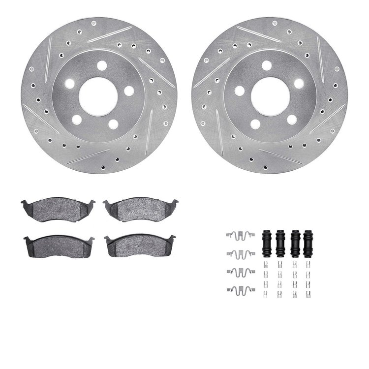 7312-40059 Drilled/Slotted Brake Rotor with 3000-Series Ceramic Brake Pads Kit & Hardware [Silver], 1996-2000 Mopar, Position: F