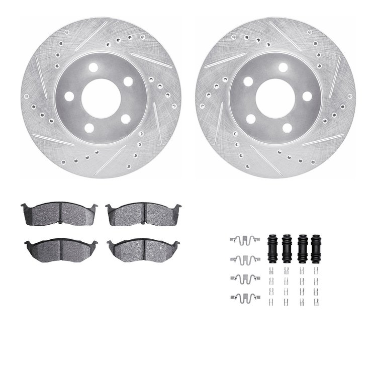 7312-40064 Drilled/Slotted Brake Rotor with 3000-Series Ceramic Brake Pads Kit & Hardware [Silver], 2000-2005 Mopar, Position: F