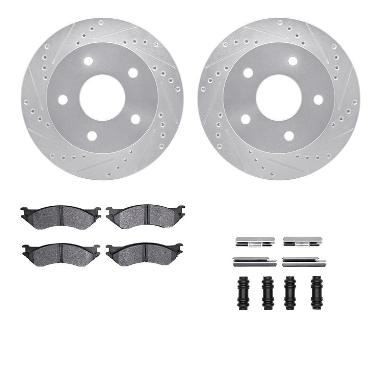 7312-40066 Drilled/Slotted Brake Rotor with 3000-Series Ceramic Brake Pads Kit & Hardware [Silver], 2000-2001 Mopar, Position: F
