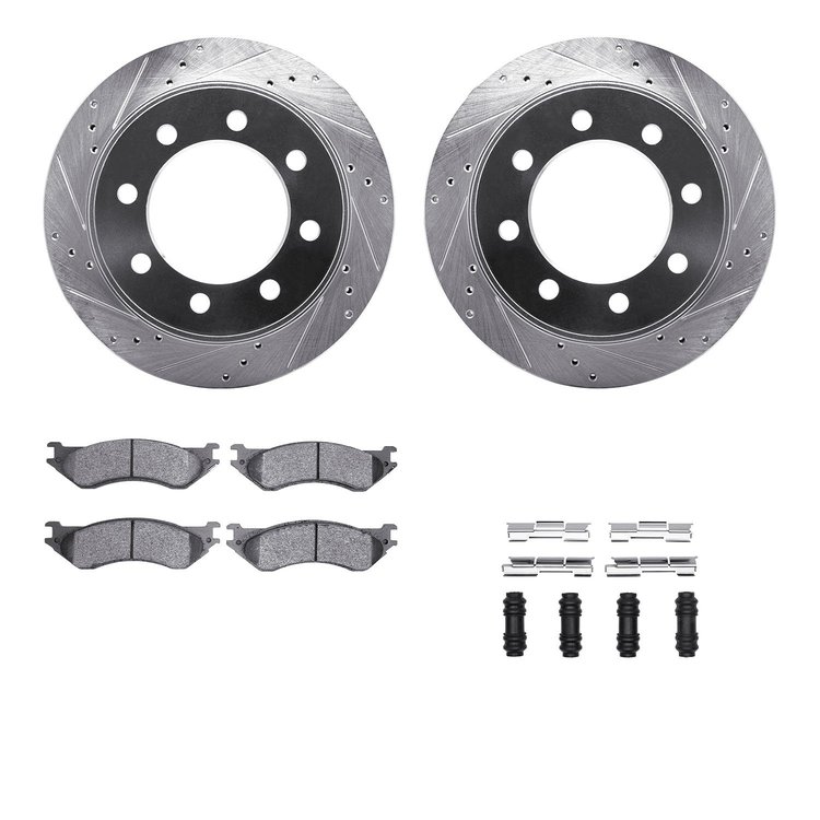 7312-40070 Drilled/Slotted Brake Rotor with 3000-Series Ceramic Brake Pads Kit & Hardware [Silver], 2003-2008 Mopar, Position: R