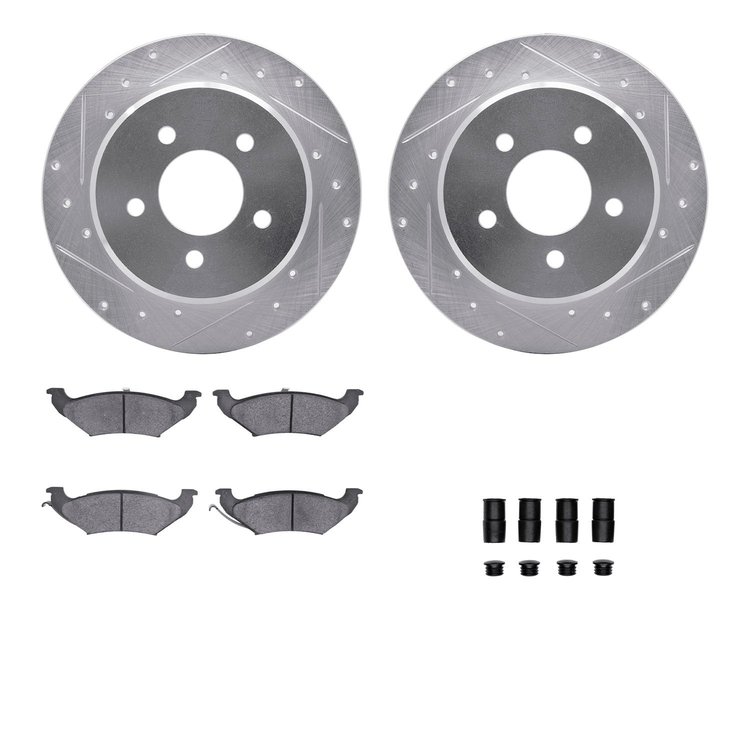 7312-40072 Drilled/Slotted Brake Rotor with 3000-Series Ceramic Brake Pads Kit & Hardware [Silver], 1997-2000 Mopar, Position: R