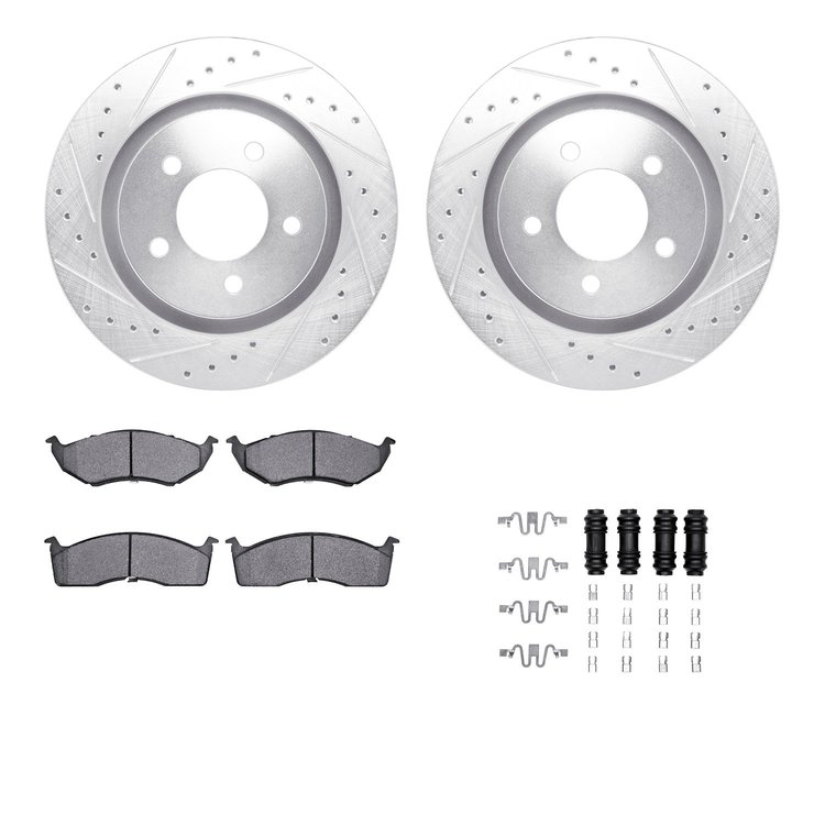 7312-40075 Drilled/Slotted Brake Rotor with 3000-Series Ceramic Brake Pads Kit & Hardware [Silver], 1999-2004 Mopar, Position: F