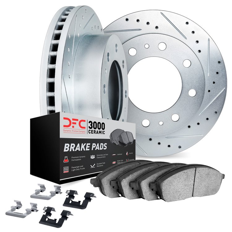 7312-40078 Drilled/Slotted Brake Rotor with 3000-Series Ceramic Brake Pads Kit & Hardware [Silver], 2000-2002 Mopar, Position: F