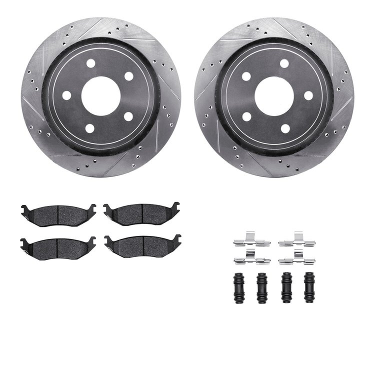 7312-40083 Drilled/Slotted Brake Rotor with 3000-Series Ceramic Brake Pads Kit & Hardware [Silver], 2002-2018 Mopar, Position: R