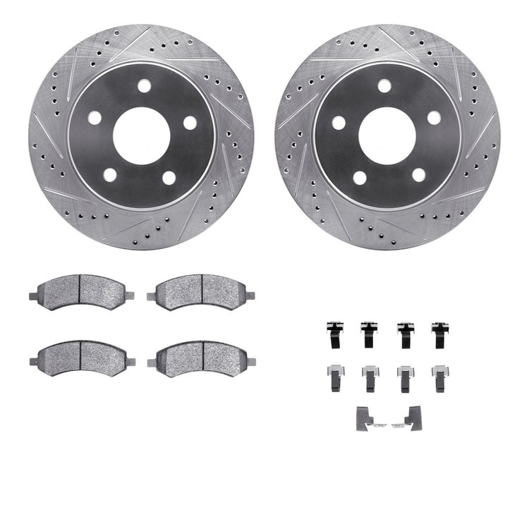 7312-40090 Drilled/Slotted Brake Rotor with 3000-Series Ceramic Brake Pads Kit & Hardware [Silver], 2006-2018 Mopar, Position: F
