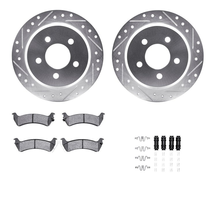 7312-42018 Drilled/Slotted Brake Rotor with 3000-Series Ceramic Brake Pads Kit & Hardware [Silver], 1993-1998 Mopar, Position: R