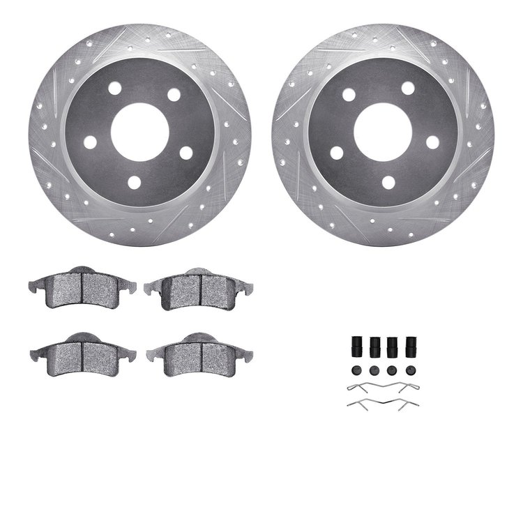 7312-42020 Drilled/Slotted Brake Rotor with 3000-Series Ceramic Brake Pads Kit & Hardware [Silver], 1999-2004 Mopar, Position: R