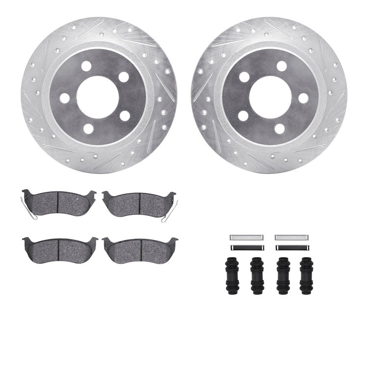 7312-42023 Drilled/Slotted Brake Rotor with 3000-Series Ceramic Brake Pads Kit & Hardware [Silver], 2003-2007 Mopar, Position: R