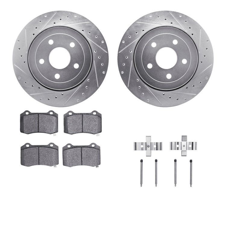 7312-42024 Drilled/Slotted Brake Rotor with 3000-Series Ceramic Brake Pads Kit & Hardware [Silver], 2006-2010 Mopar, Position: R