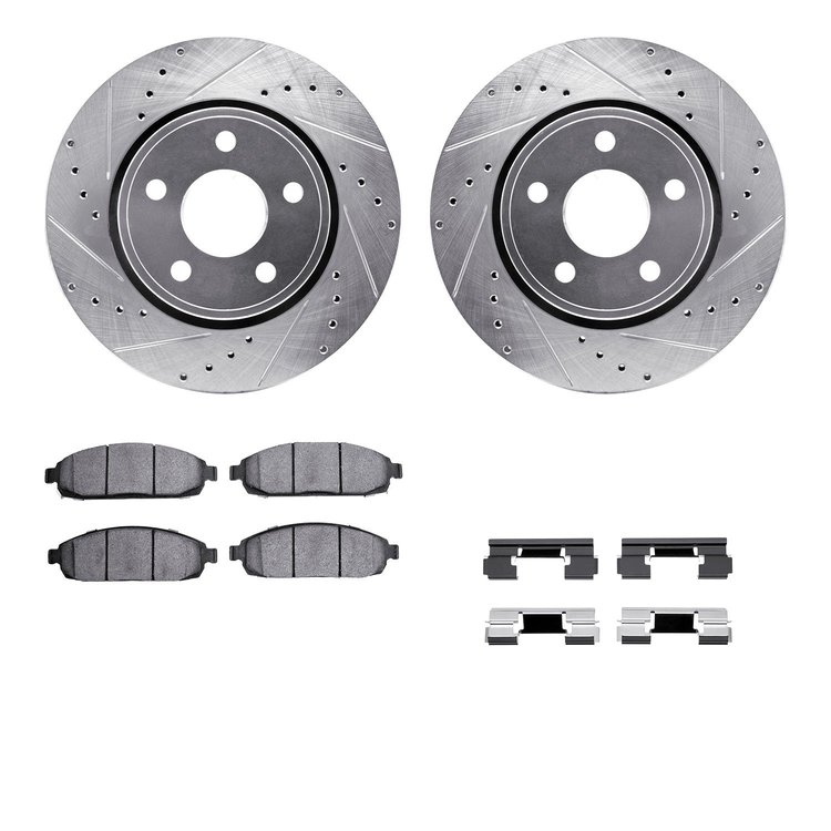 7312-42026 Drilled/Slotted Brake Rotor with 3000-Series Ceramic Brake Pads Kit & Hardware [Silver], 2005-2010 Mopar, Position: F