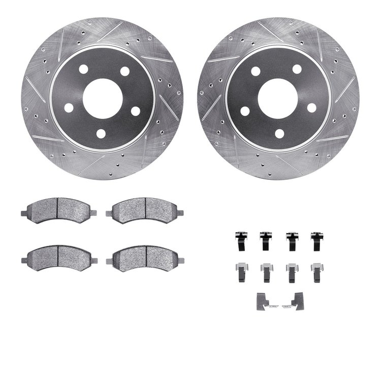 7312-42027 Drilled/Slotted Brake Rotor with 3000-Series Ceramic Brake Pads Kit & Hardware [Silver], 2008-2012 Mopar, Position: F