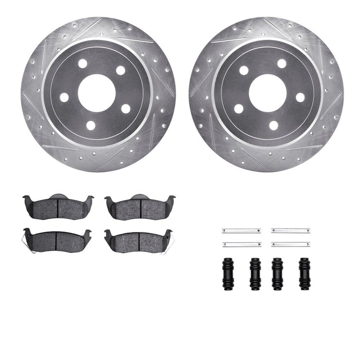 7312-42028 Drilled/Slotted Brake Rotor with 3000-Series Ceramic Brake Pads Kit & Hardware [Silver], 2005-2010 Mopar, Position: R
