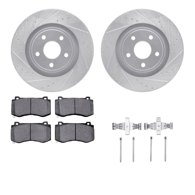 7312-42029 Drilled/Slotted Brake Rotor with 3000-Series Ceramic Brake Pads Kit & Hardware [Silver], 2006-2010 Mopar, Position: F