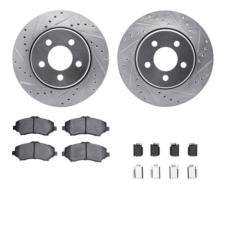 7312-42030 Drilled/Slotted Brake Rotor with 3000-Series Ceramic Brake Pads Kit & Hardware [Silver], 2007-2012 Mopar, Position: F