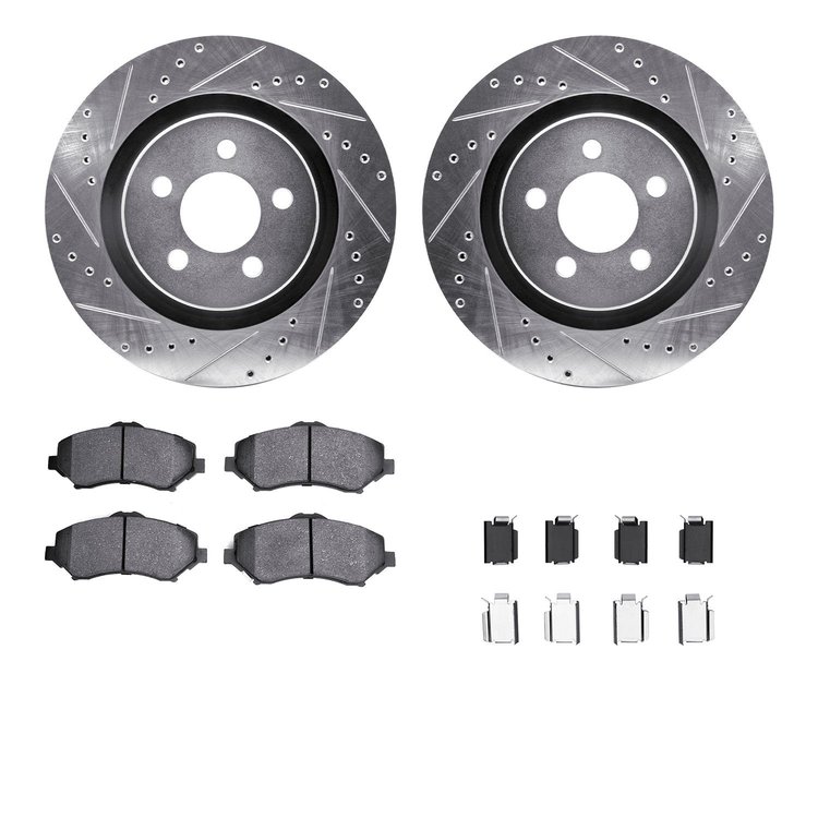 7312-42031 Drilled/Slotted Brake Rotor with 3000-Series Ceramic Brake Pads Kit & Hardware [Silver], 2011-2012 Mopar, Position: F