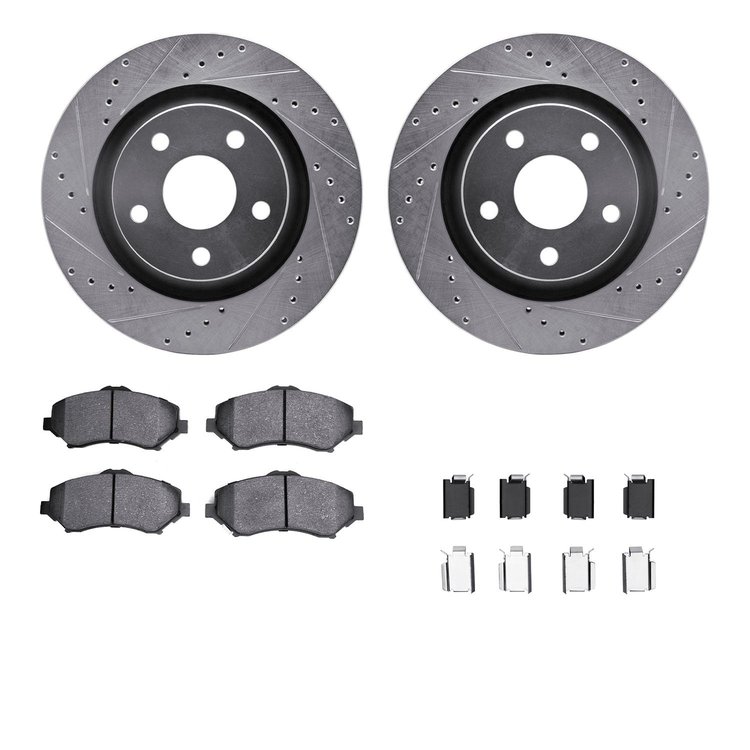 7312-42033 Drilled/Slotted Brake Rotor with 3000-Series Ceramic Brake Pads Kit & Hardware [Silver], 2012-2018 Mopar, Position: F