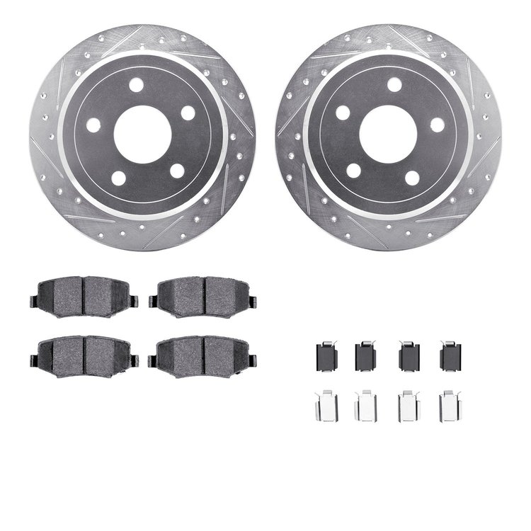 7312-42035 Drilled/Slotted Brake Rotor with 3000-Series Ceramic Brake Pads Kit & Hardware [Silver], 2007-2018 Mopar, Position: R