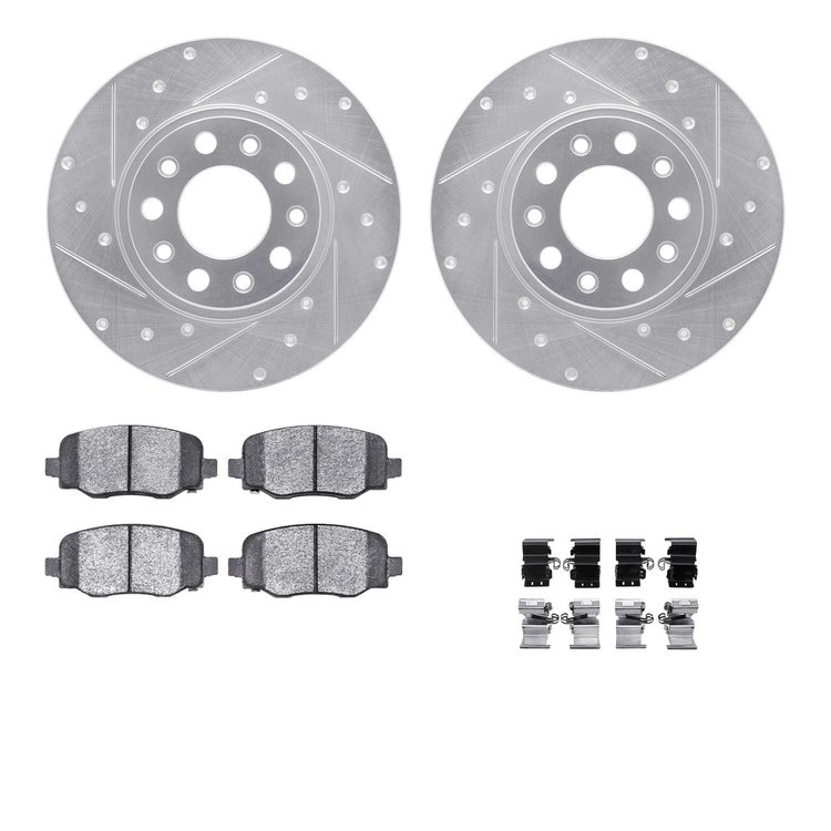 7312-42045 Drilled/Slotted Brake Rotor with 3000-Series Ceramic Brake Pads Kit & Hardware [Silver], Fits Select Mopar, Position: