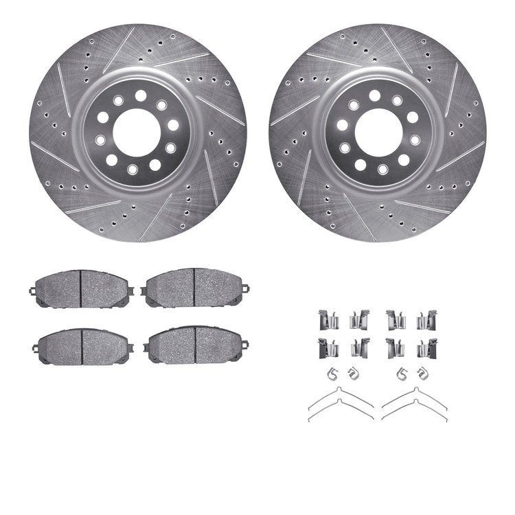 7312-42048 Drilled/Slotted Brake Rotor with 3000-Series Ceramic Brake Pads Kit & Hardware [Silver], Fits Select Mopar, Position: