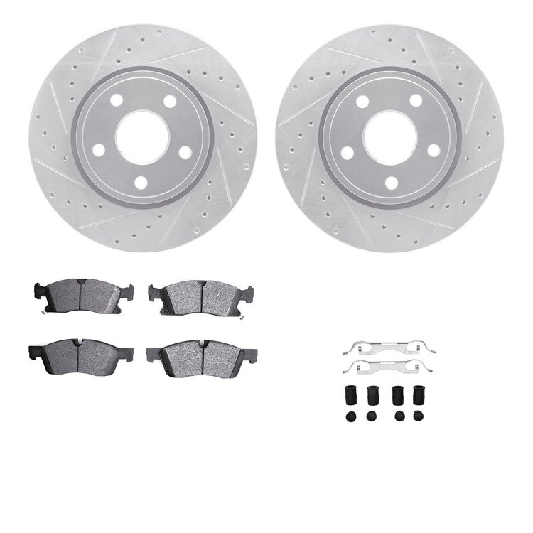 7312-42050 Drilled/Slotted Brake Rotor with 3000-Series Ceramic Brake Pads Kit & Hardware [Silver], Fits Select Mopar, Position: