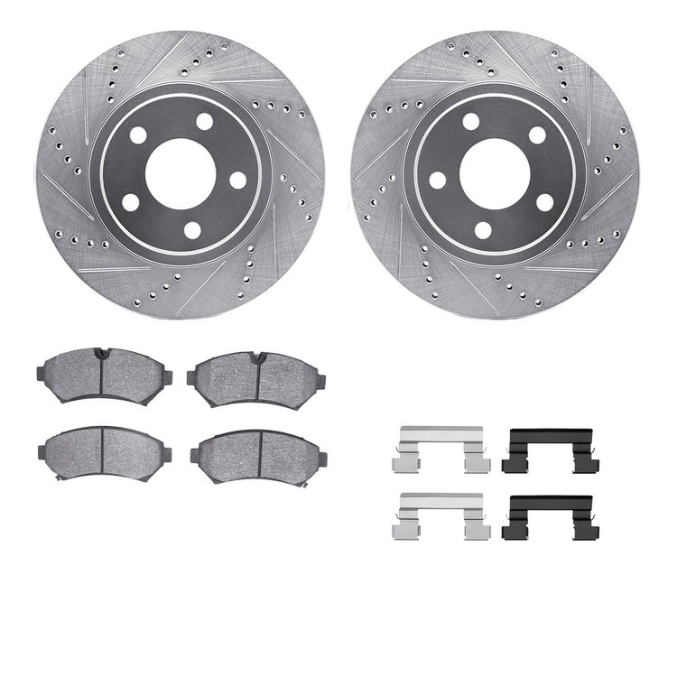 7312-45016 Drilled/Slotted Brake Rotor with 3000-Series Ceramic Brake Pads Kit & Hardware [Silver], 1998-2002 GM, Position: Fron