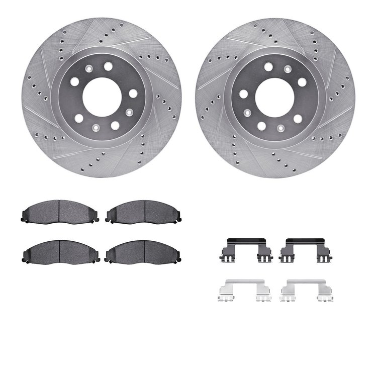 7312-46024 Drilled/Slotted Brake Rotor with 3000-Series Ceramic Brake Pads Kit & Hardware [Silver], 2003-2007 GM, Position: Fron