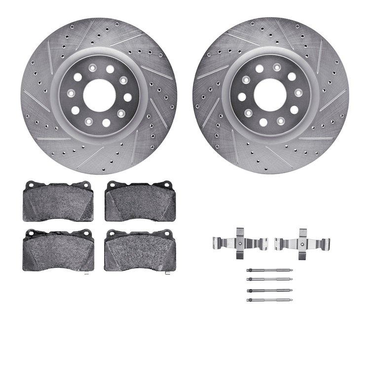 7312-46028 Drilled/Slotted Brake Rotor with 3000-Series Ceramic Brake Pads Kit & Hardware [Silver], 2014-2020 GM, Position: Fron