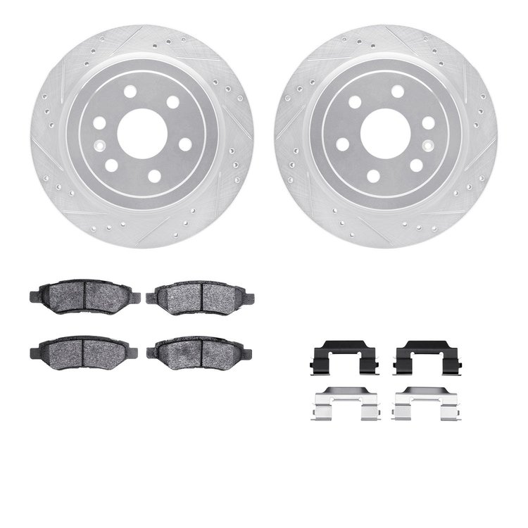 7312-46046 Drilled/Slotted Brake Rotor with 3000-Series Ceramic Brake Pads Kit & Hardware [Silver], 2010-2016 GM, Position: Rear